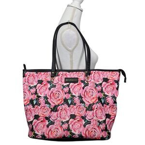 JUICY COUTURE WOMEN'S DAY-TO-DATE MULTI-ROSE FLORAL TOTE – BLACK/PINK LARGE SIZE